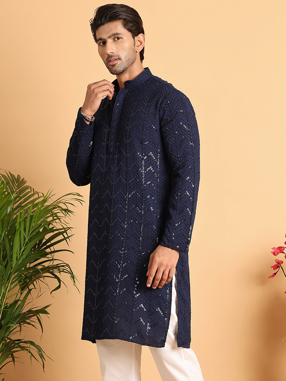 Embroidered Sequined Viscose Straight Kurta.