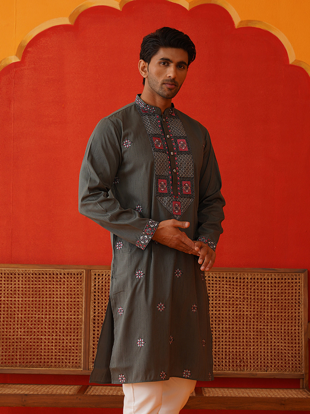 Men Grey Floral Embroidered Kurtas