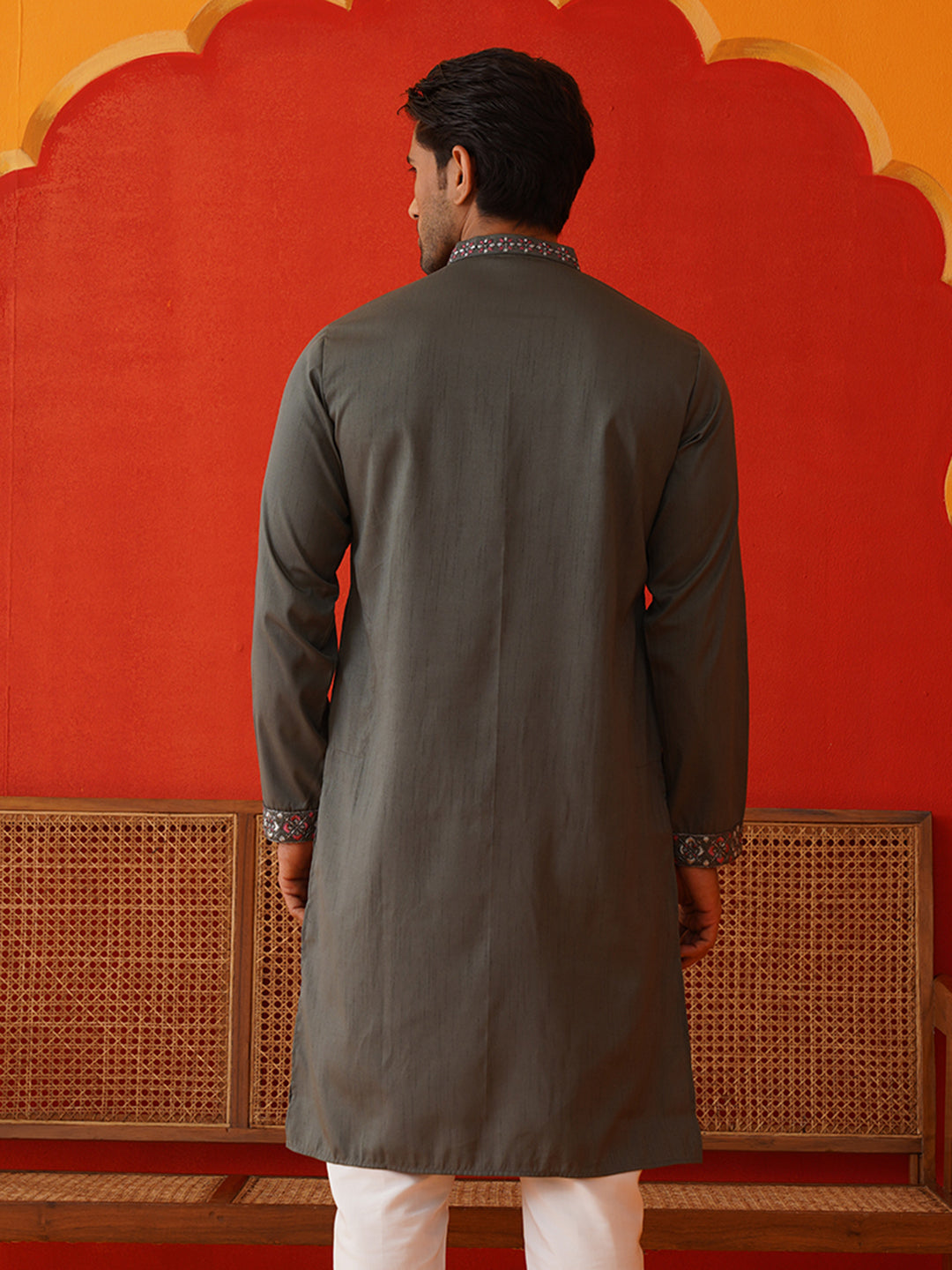 Men Grey Floral Embroidered Kurtas