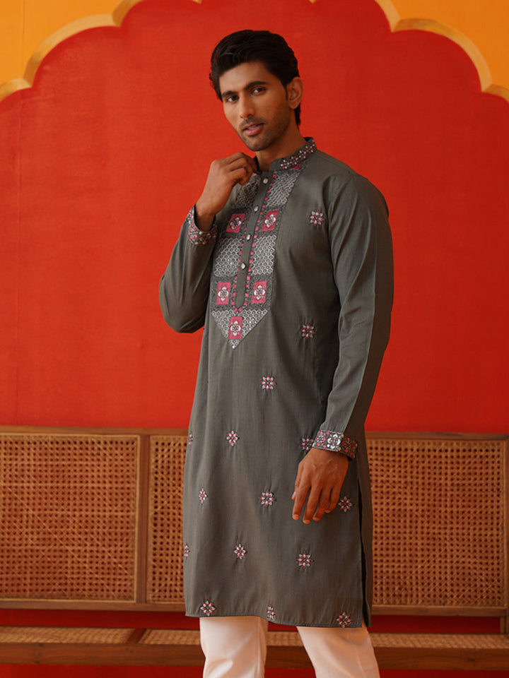 Men Grey Floral Embroidered Kurtas