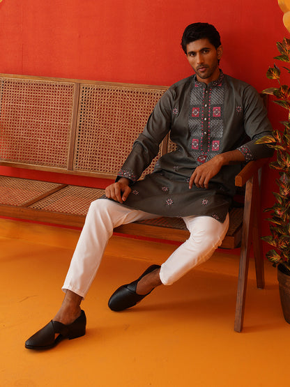 Men Grey Floral Embroidered Kurtas