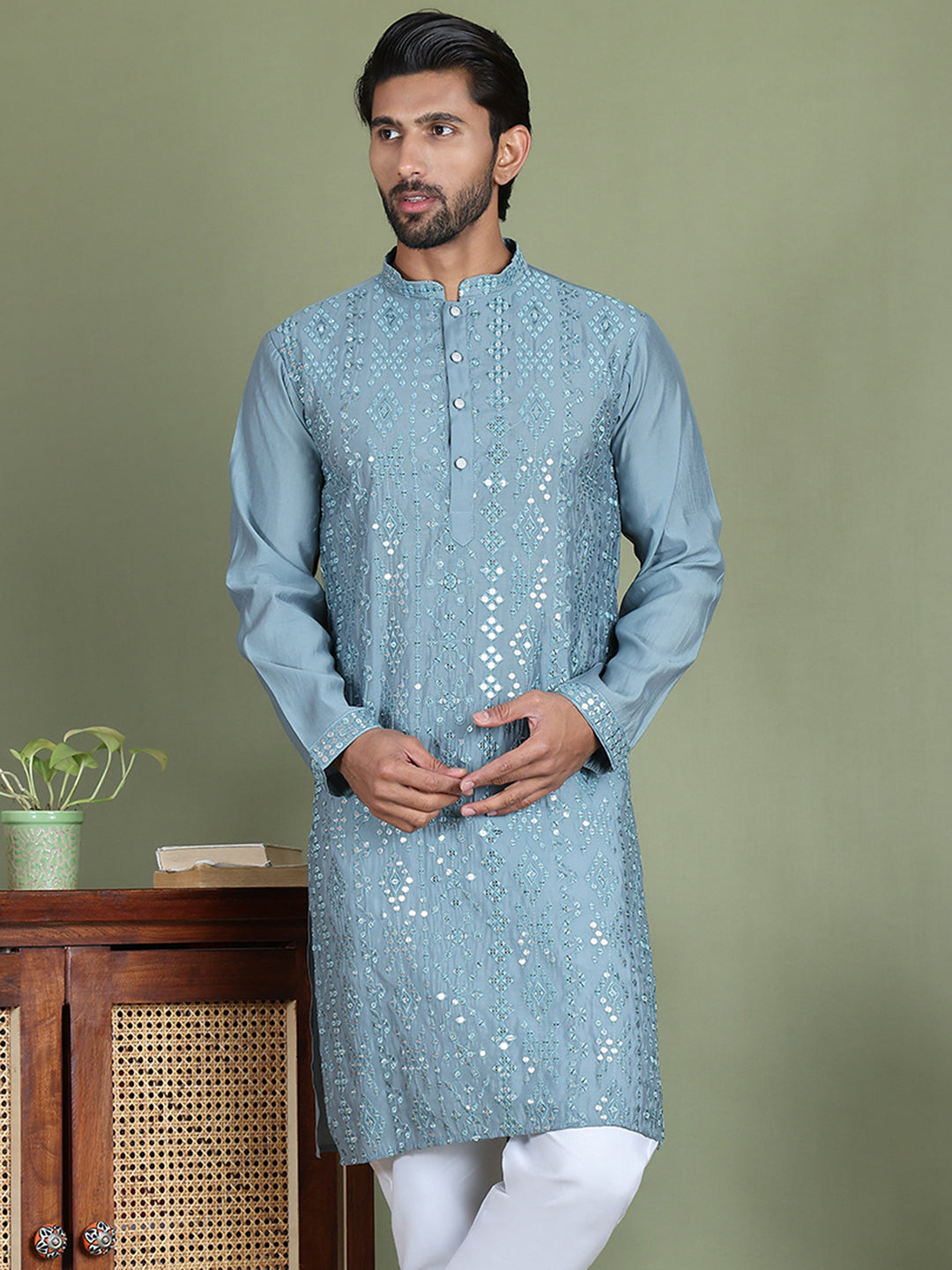 Embroidered And Mirror Work Kurtas For Men