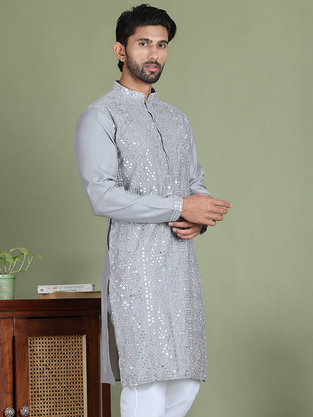 Embroidered And Mirror Work Kurtas For Men