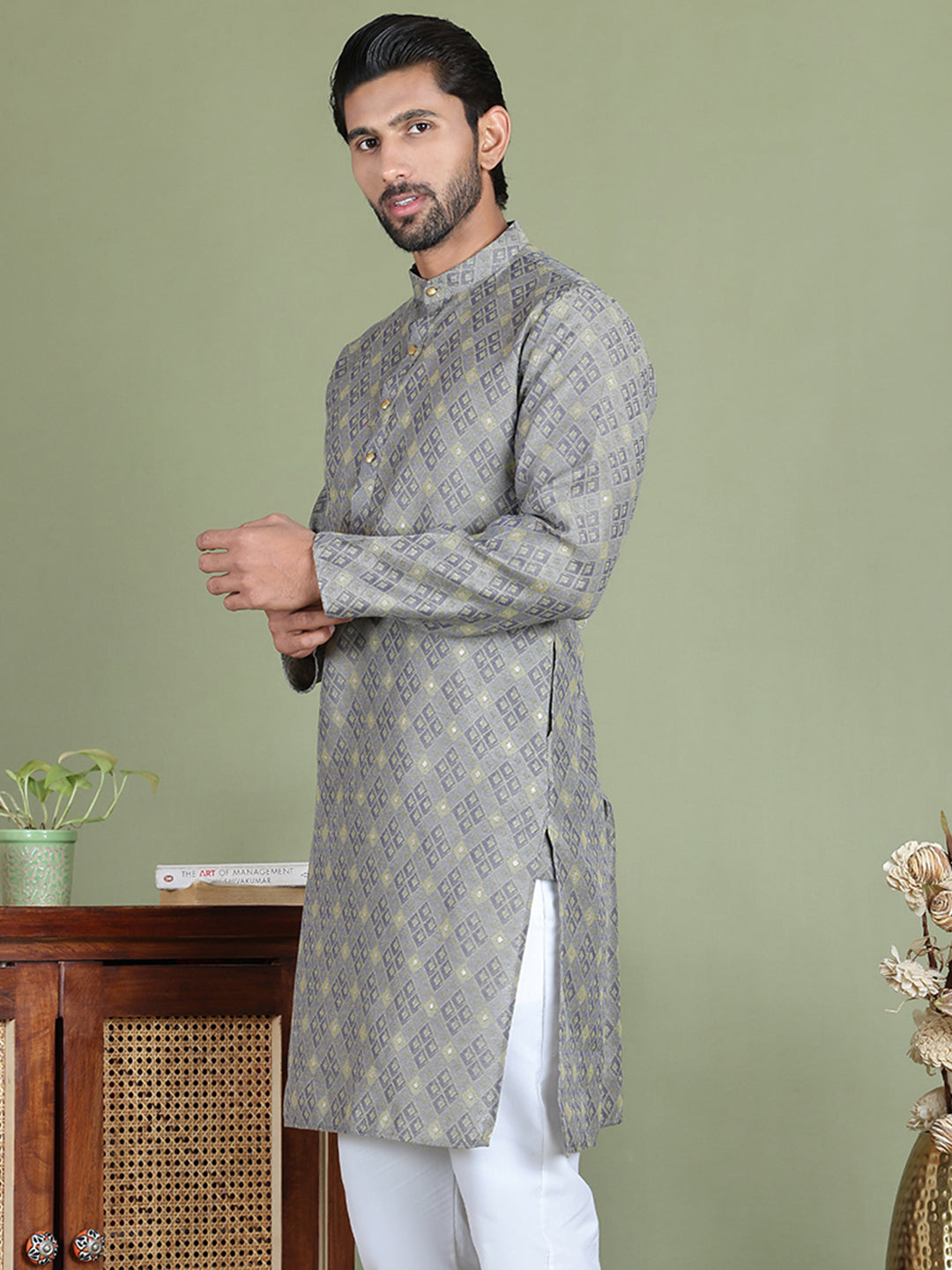 Grey Woven Design Straight Kurtas