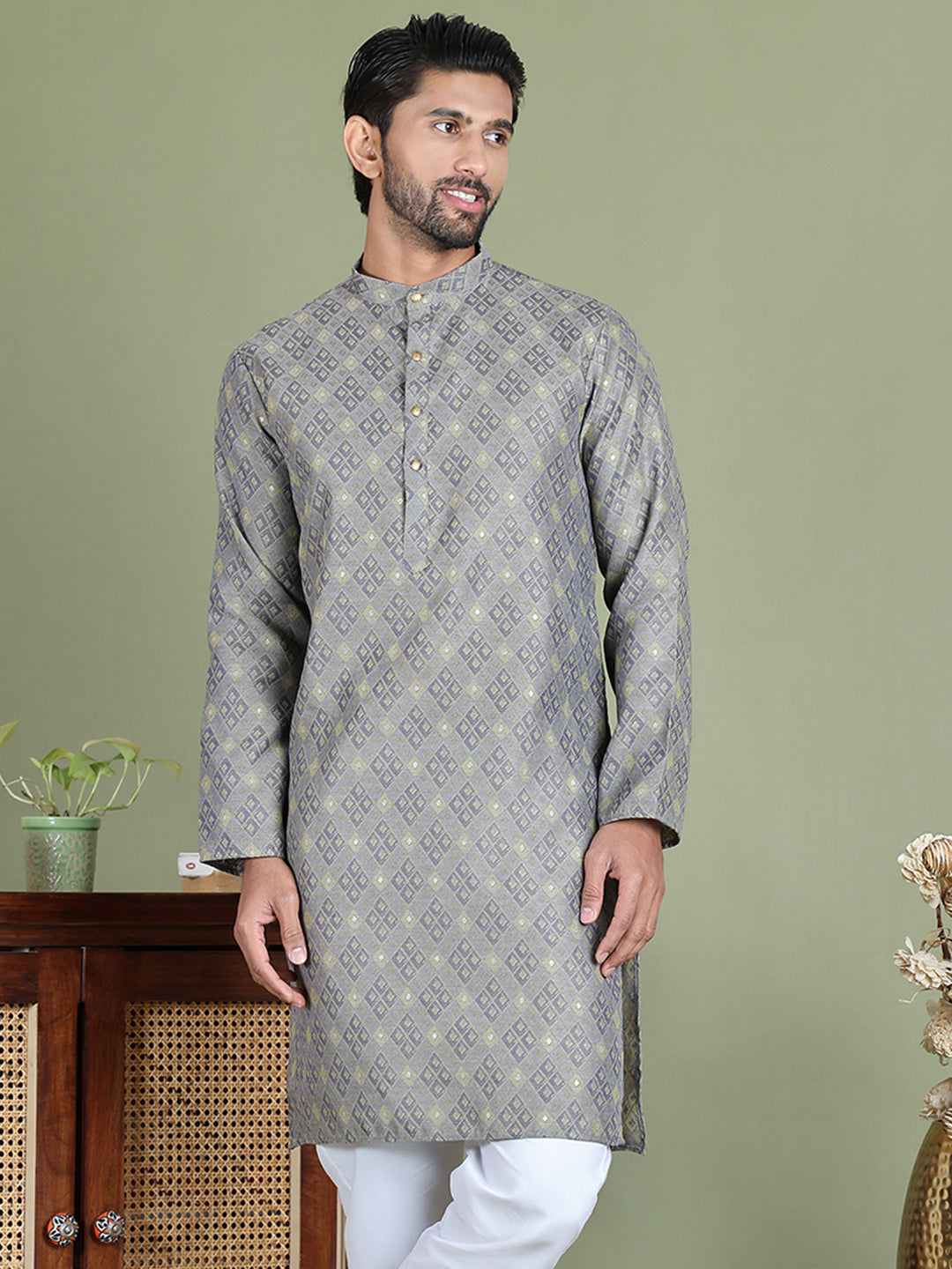 Grey Woven Design Straight Kurtas