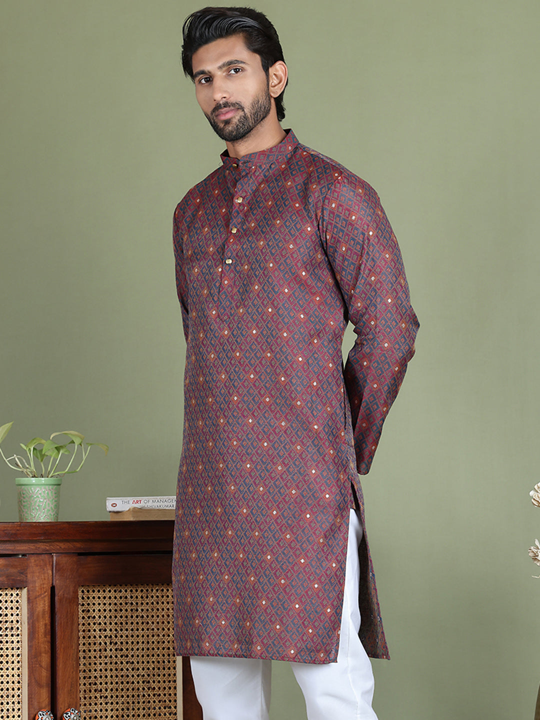 Maroon Woven Design Straight Kurtas