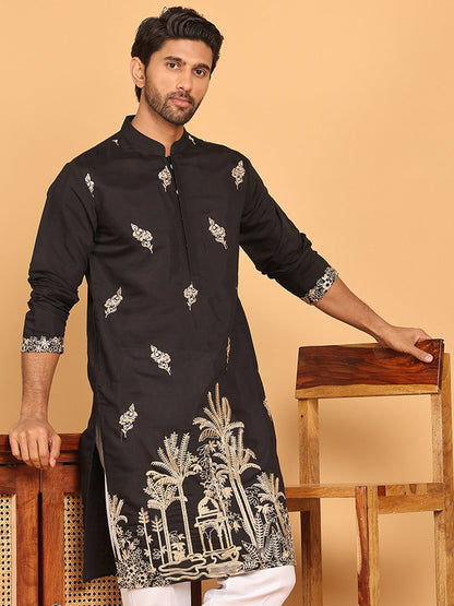 Black Embroidered Straight Kurtas For Men