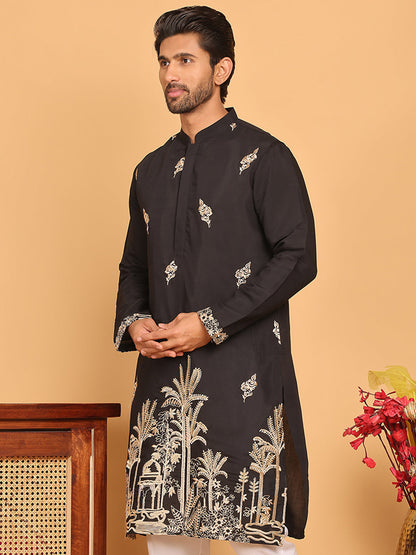 Black Embroidered Straight Kurtas For Men