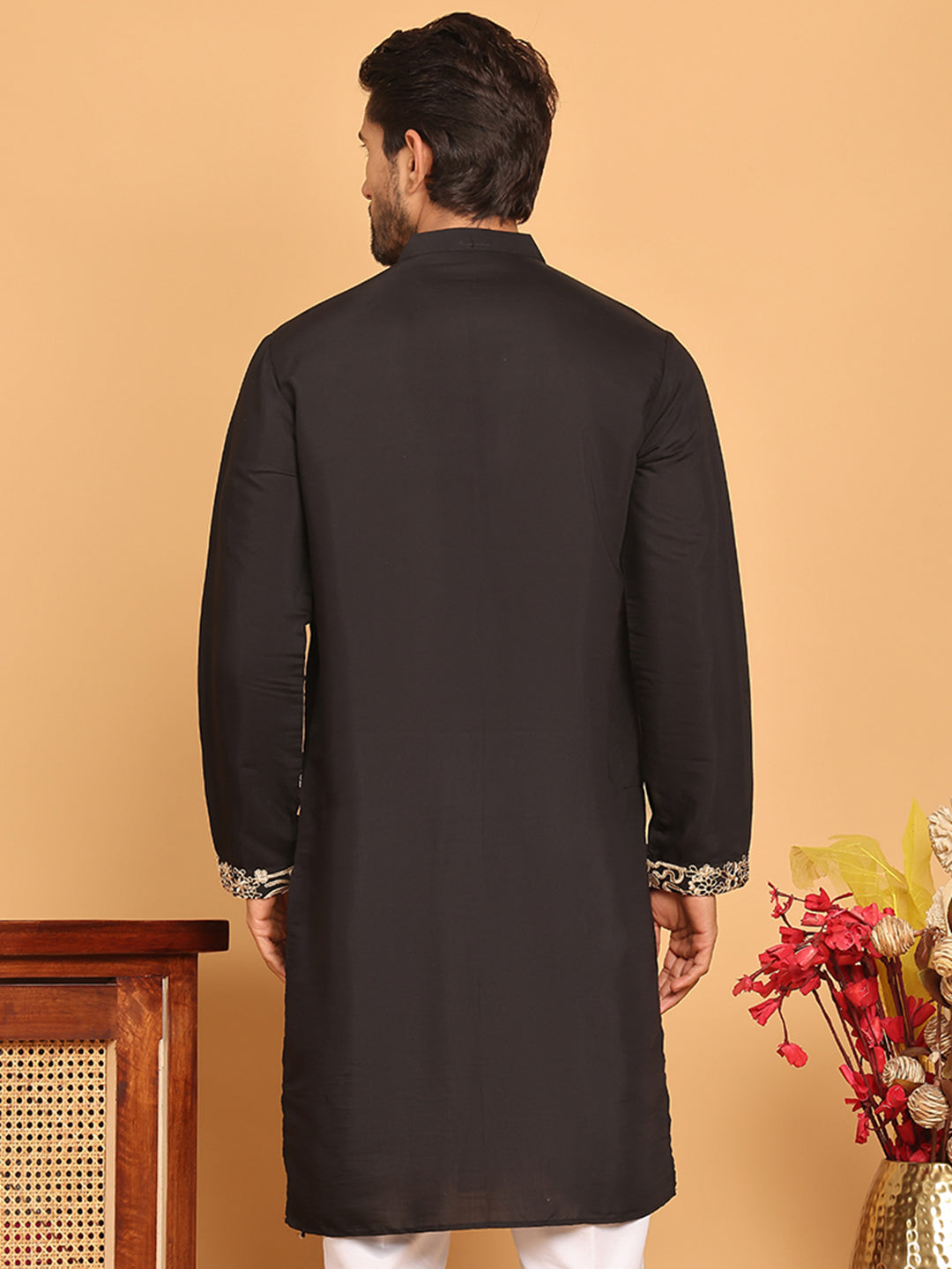 Black Embroidered Straight Kurtas For Men