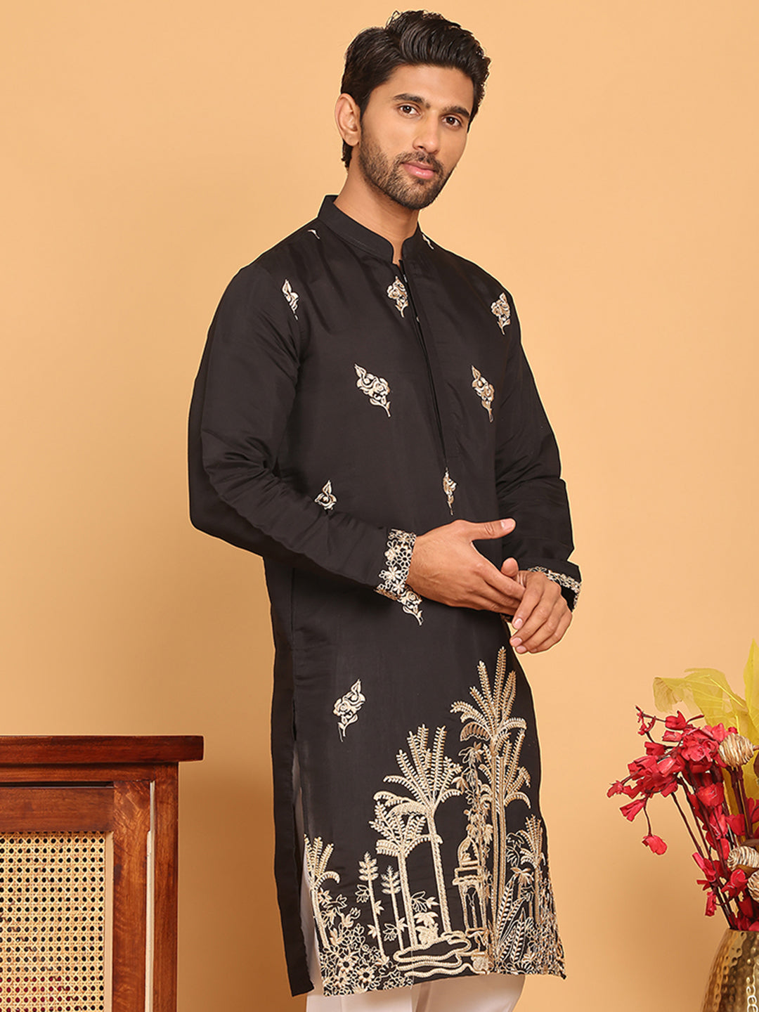 Black Embroidered Straight Kurtas For Men