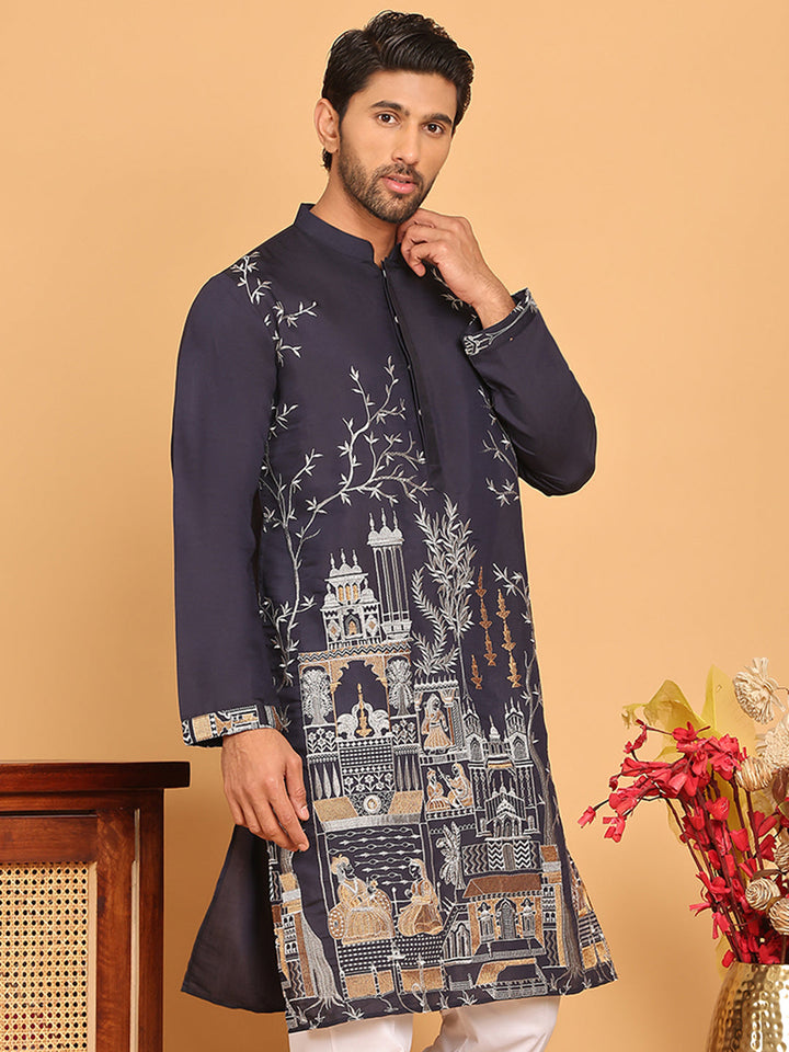 Navy Blue Embroidered Straight Kurtas For Men