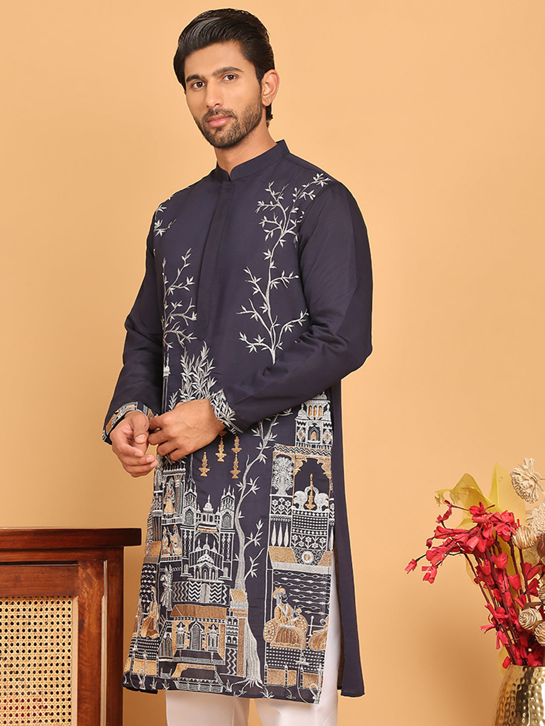 Navy Blue Embroidered Straight Kurtas For Men