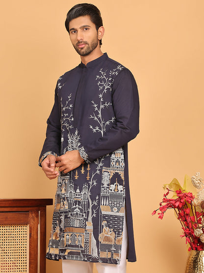 Navy Blue Embroidered Straight Kurtas For Men