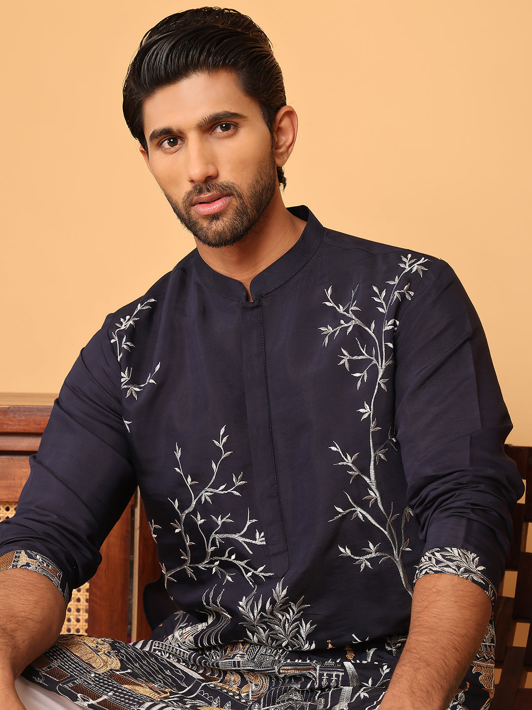 Navy Blue Embroidered Straight Kurtas For Men