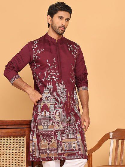 Purple Embroidered Straight Kurtas For Men