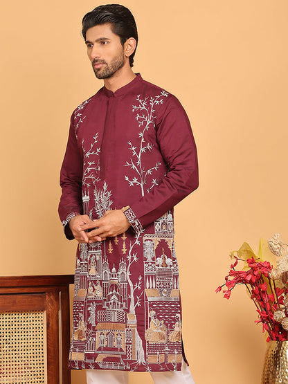 Purple Embroidered Straight Kurtas For Men