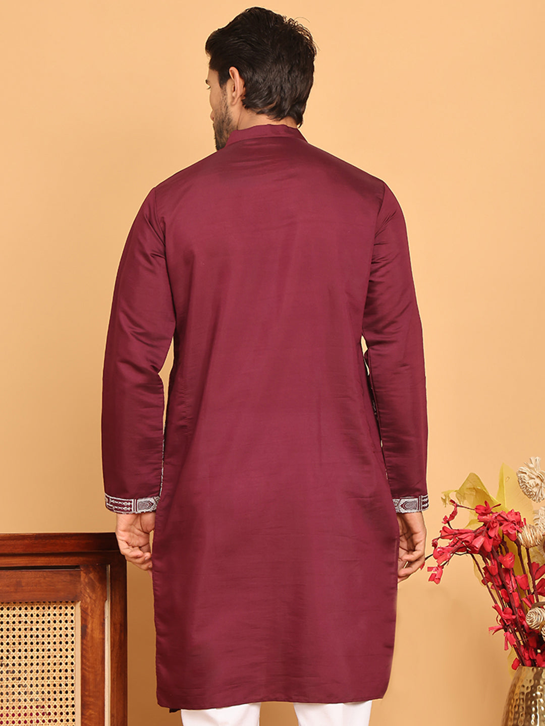 Purple Embroidered Straight Kurtas For Men