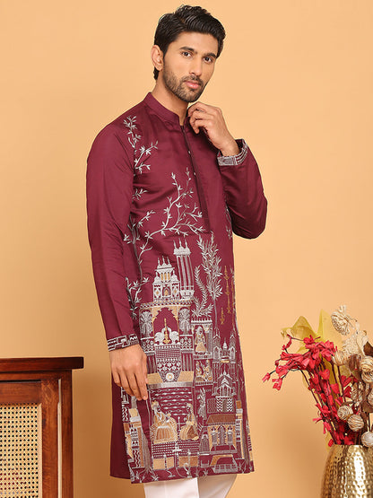 Purple Embroidered Straight Kurtas For Men