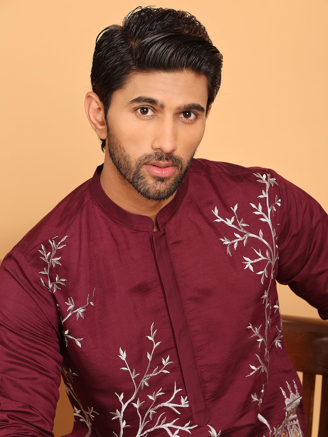 Purple Embroidered Straight Kurtas For Men