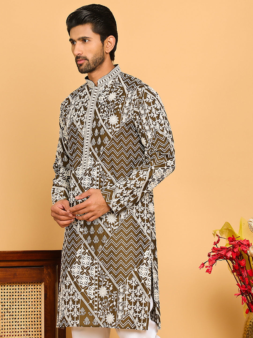 Floral Embroidery Silk Blend Kurtas For Men