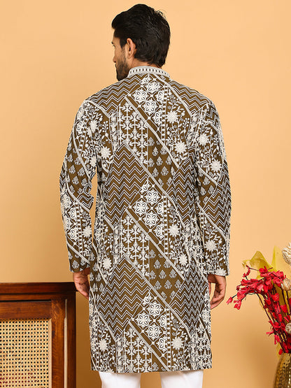 Floral Embroidery Silk Blend Kurtas For Men