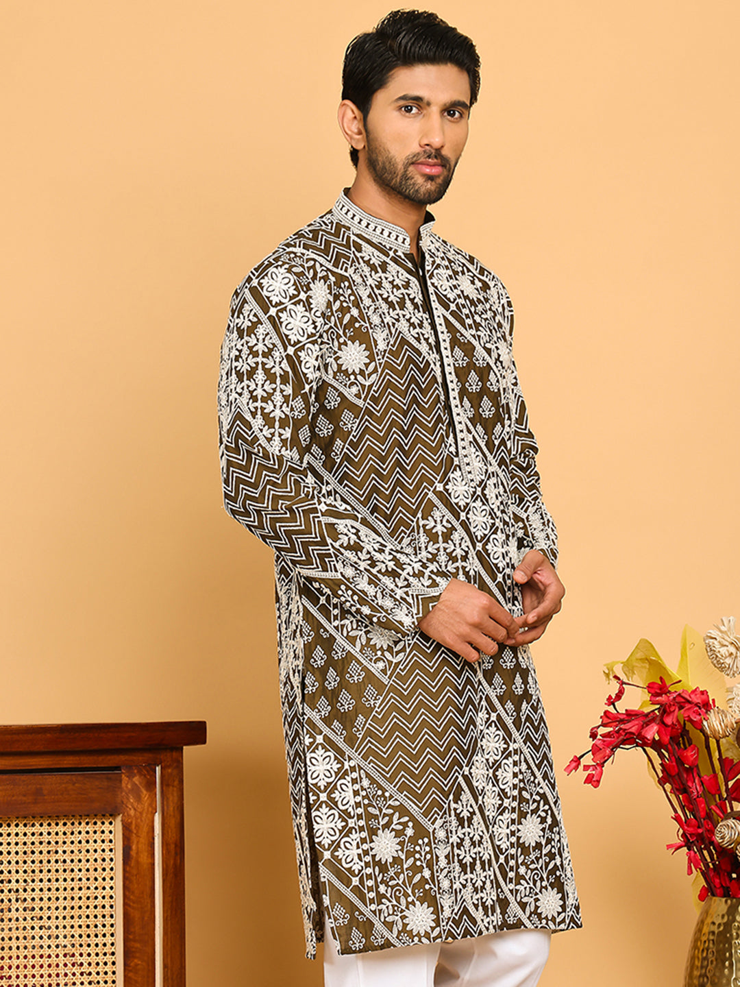 Floral Embroidery Silk Blend Kurtas For Men