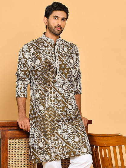 Floral Embroidery Silk Blend Kurtas For Men