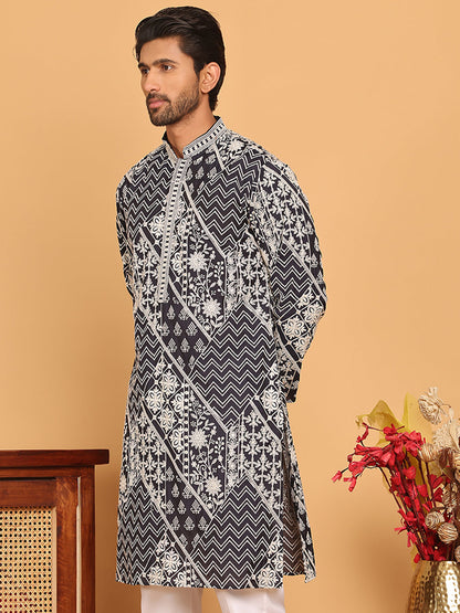 Floral Embroidery Silk Blend Kurtas For Men