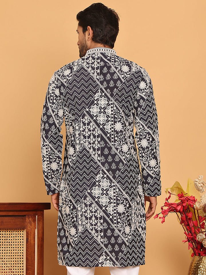 Floral Embroidery Silk Blend Kurtas For Men