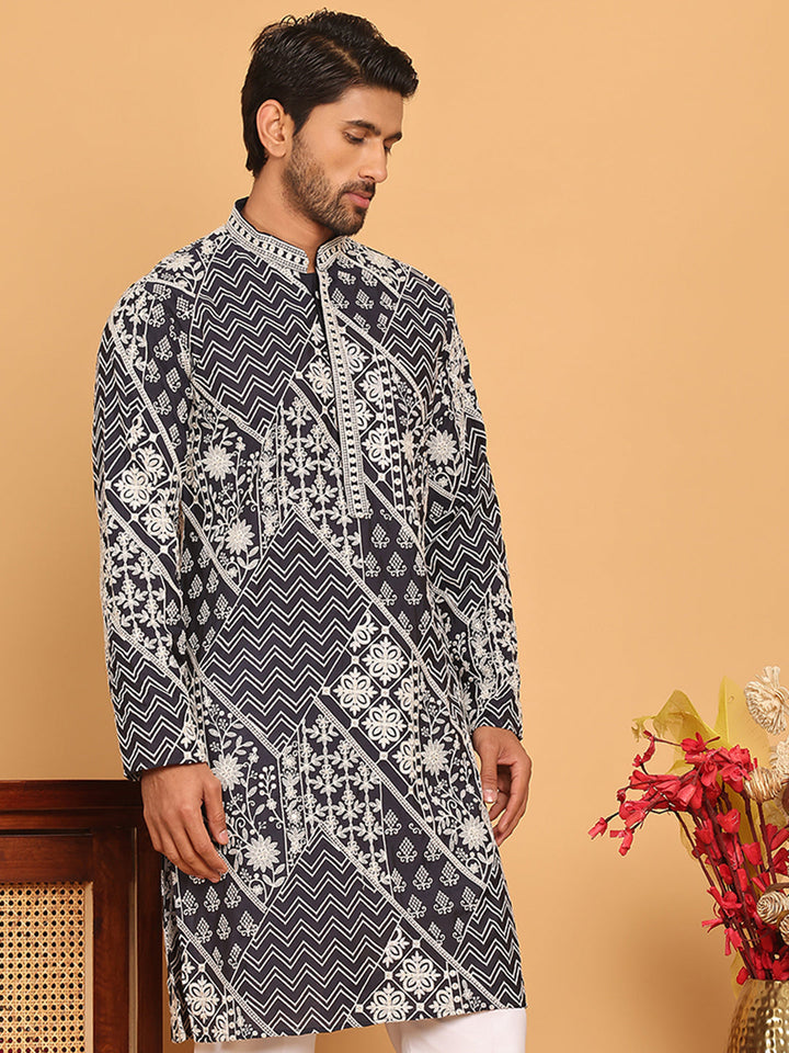 Floral Embroidery Silk Blend Kurtas For Men