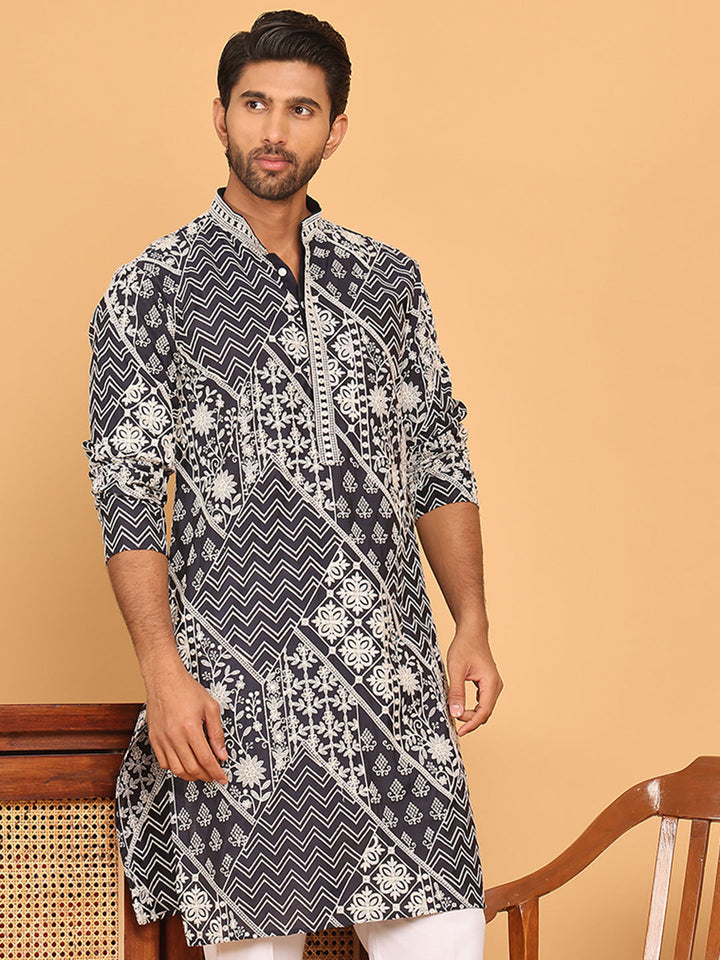 Floral Embroidery Silk Blend Kurtas For Men