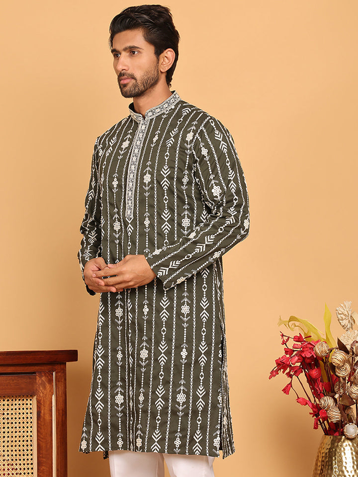 Embroidery And Mirror Work Straight Kurta For Men
