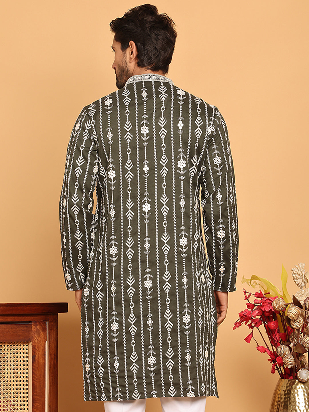 Embroidery And Mirror Work Straight Kurta For Men