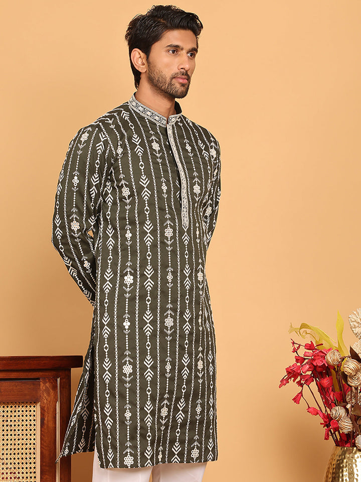 Embroidery And Mirror Work Straight Kurta For Men