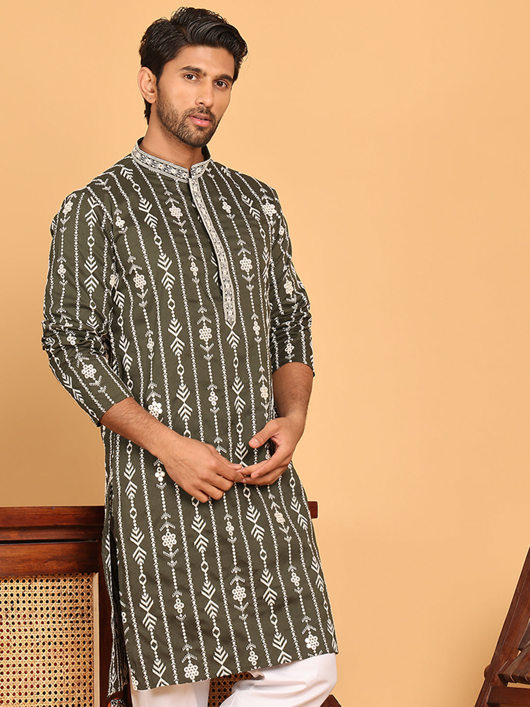 Embroidery And Mirror Work Straight Kurta For Men