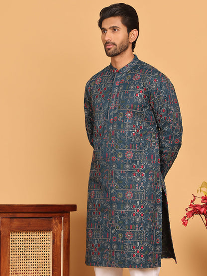 Blue Embroidered Straight Kurtas For Men