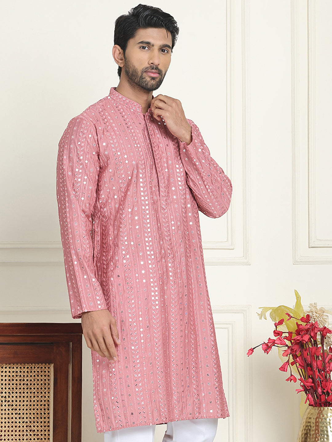 Embroidered And Mirror Work Straight Kurtas For Men