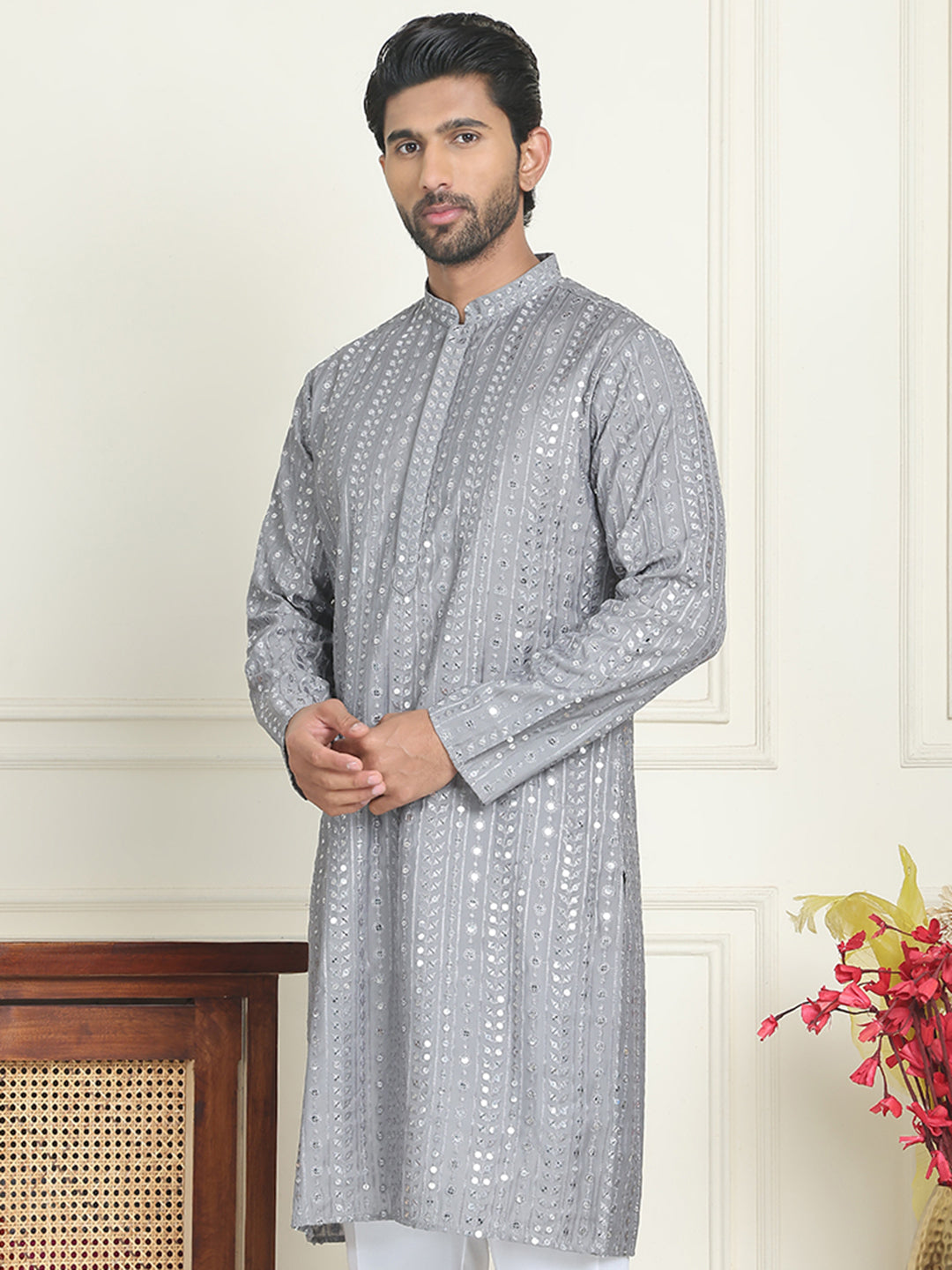 Embroidered And Mirror Work Straight Kurtas For Men
