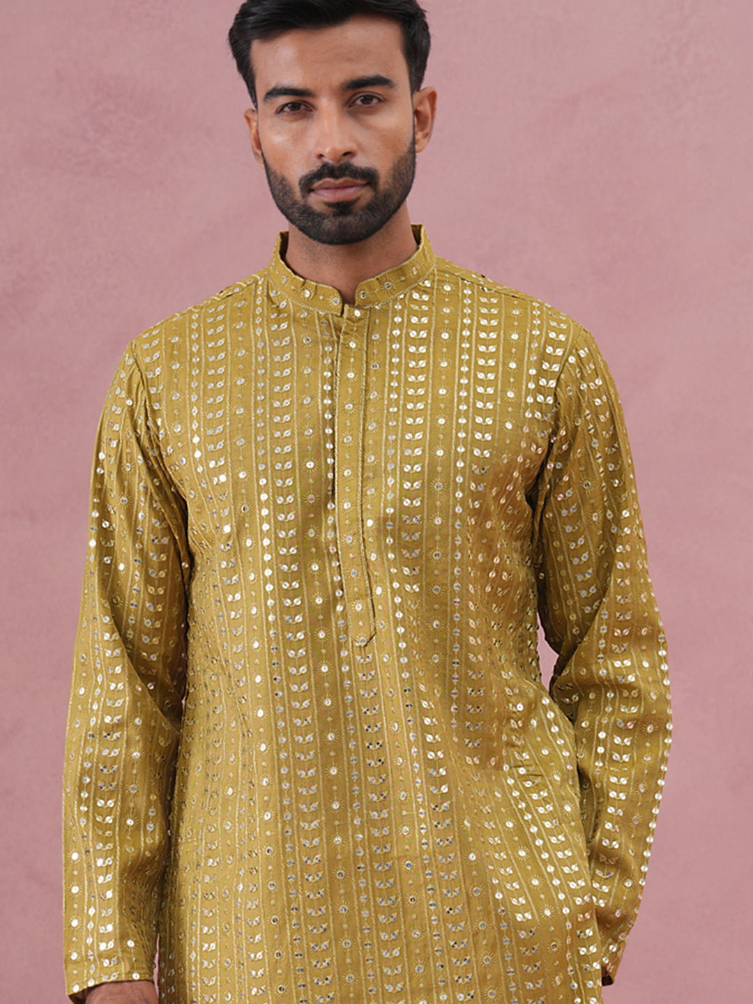 Embroidered And Mirror Work Straight Kurta For Men
