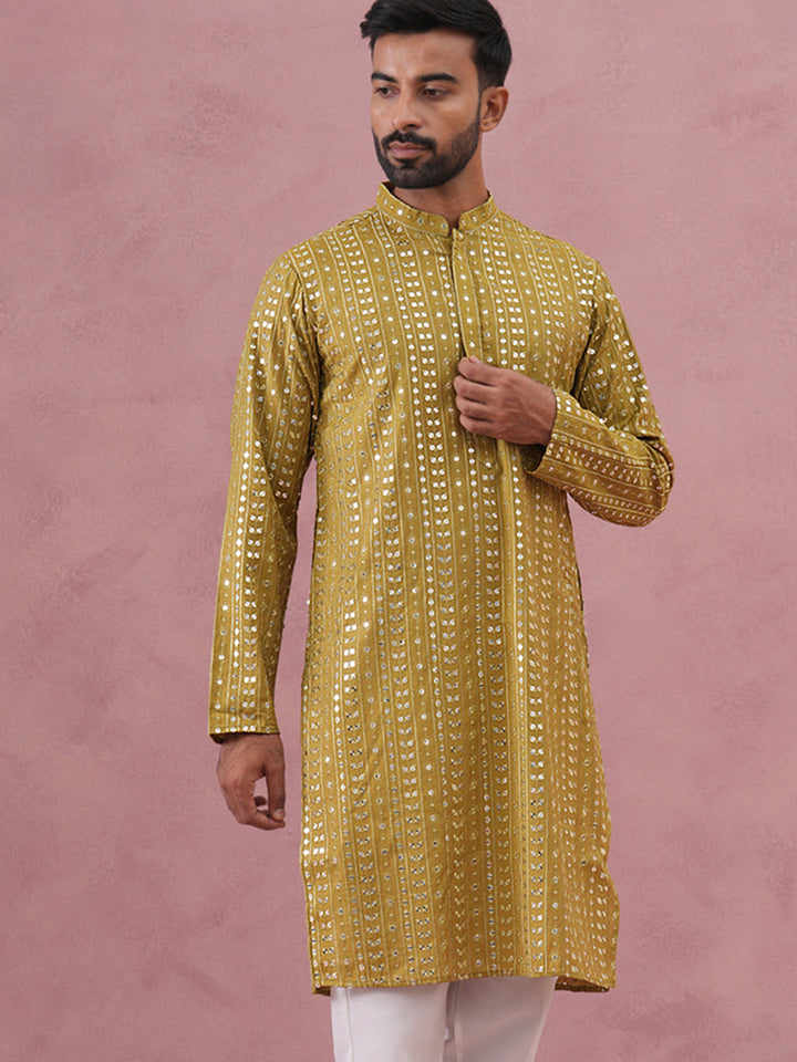Embroidered And Mirror Work Straight Kurta For Men