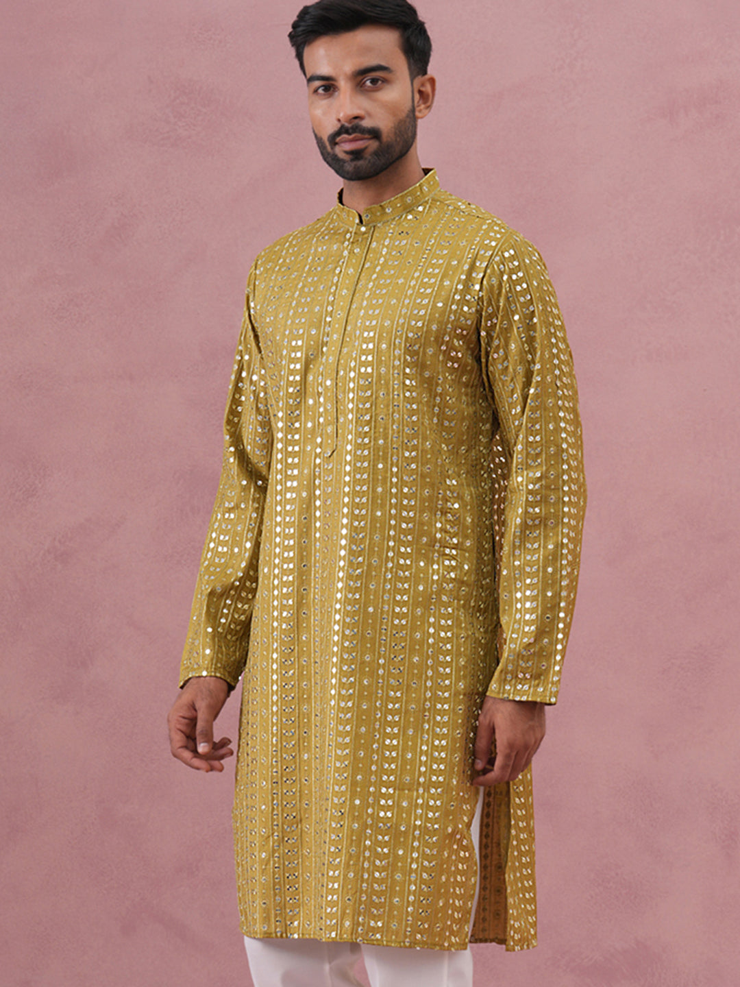 Embroidered And Mirror Work Straight Kurta For Men