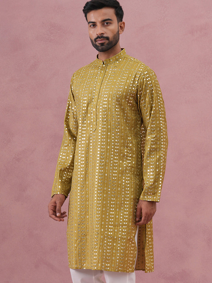 Embroidered And Mirror Work Straight Kurta For Men
