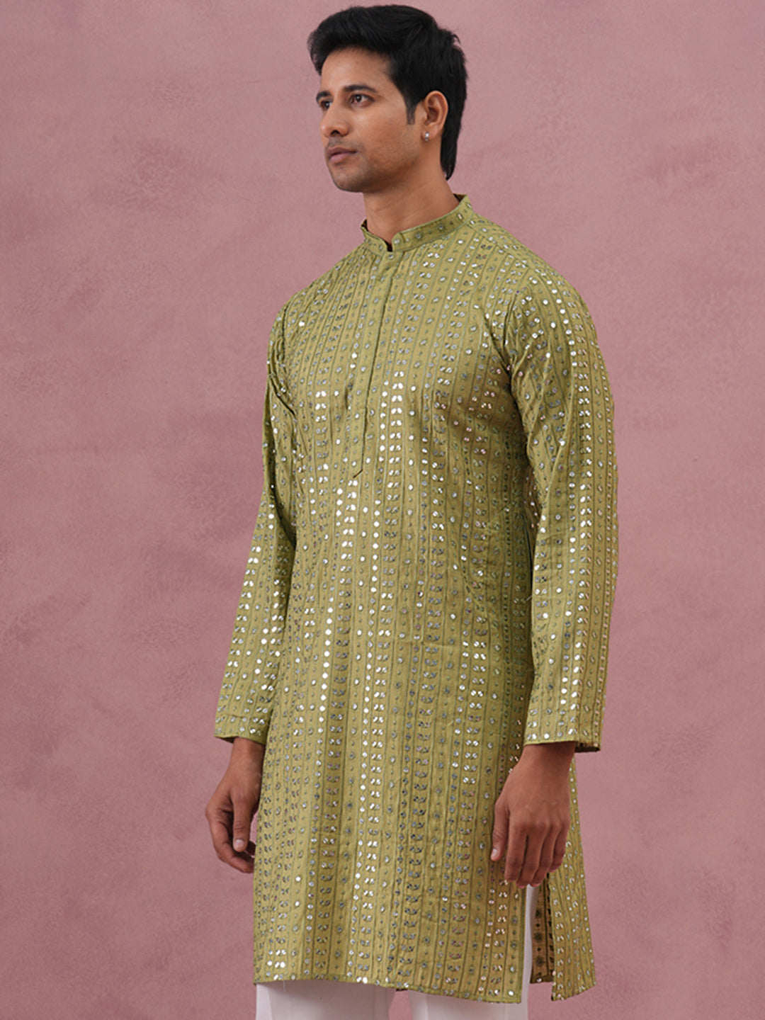 Embroidered And Mirror Work Straight Kurta For Men