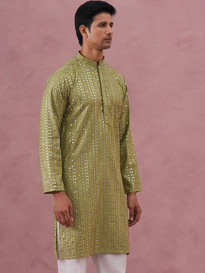 Embroidered And Mirror Work Straight Kurta For Men