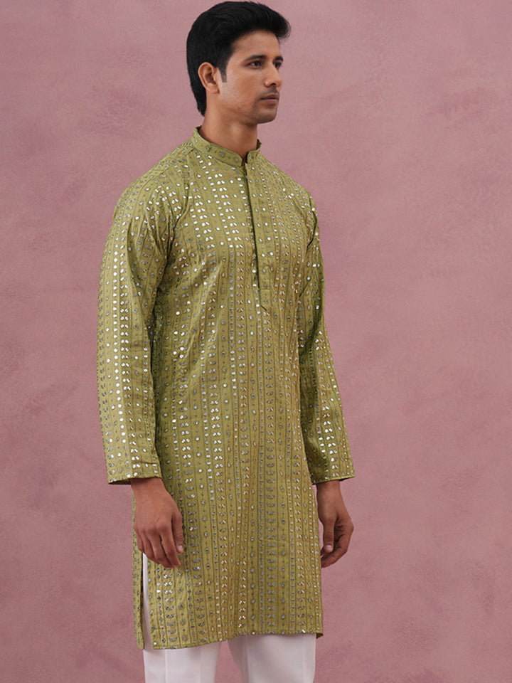 Embroidered And Mirror Work Straight Kurta For Men