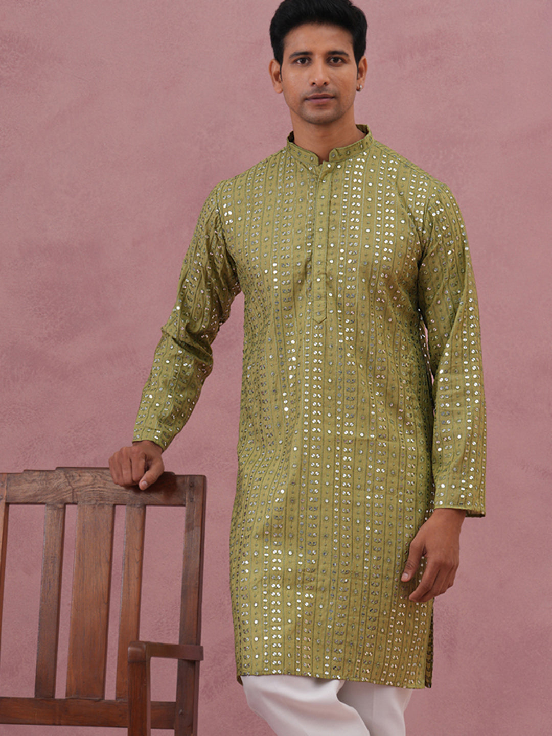 Embroidered And Mirror Work Straight Kurta For Men