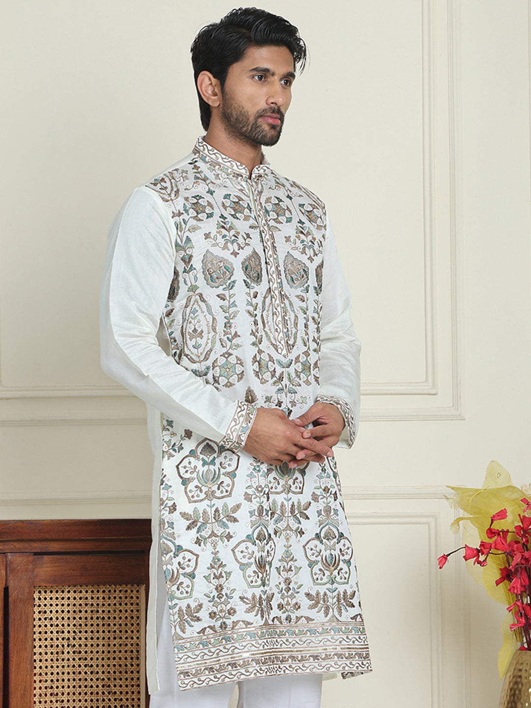 Floral Embroidered Straight Kurtas For Men