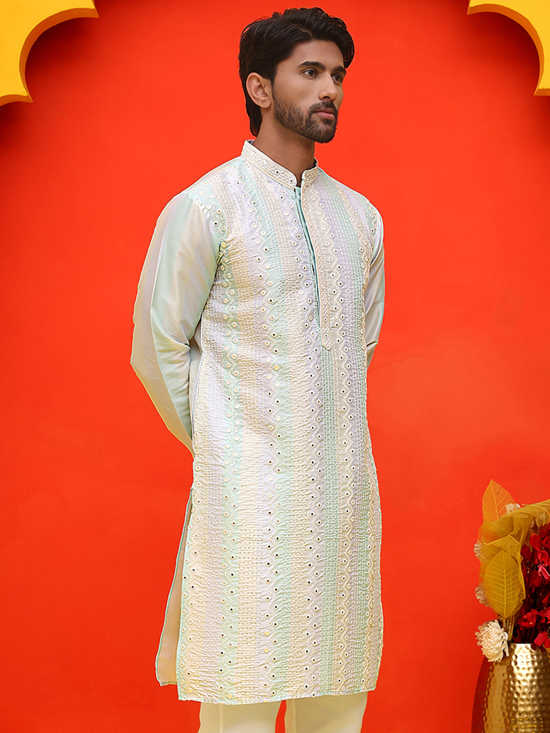 Embroidered And Mirror Work Straight Kurtas For Men,