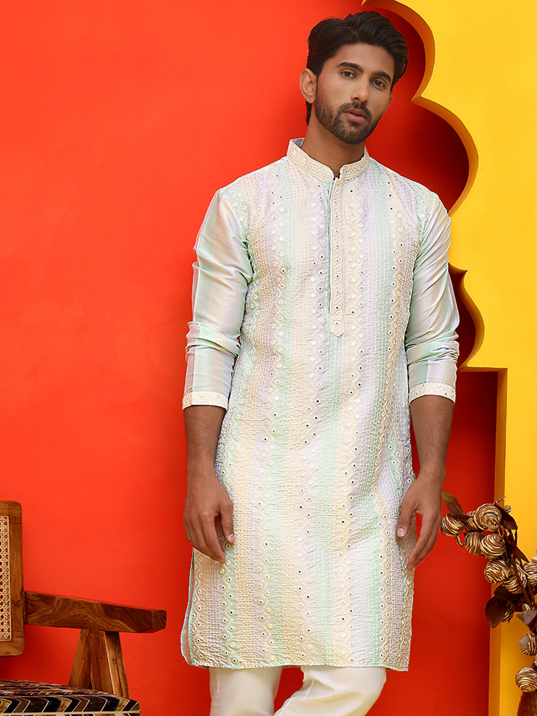 Embroidered And Mirror Work Straight Kurtas For Men,