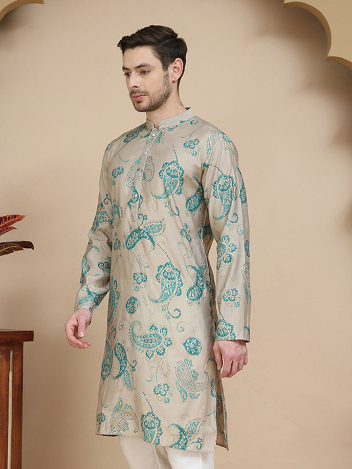 Stylish Beige Kurtas With Artistic Teal Paisley Print